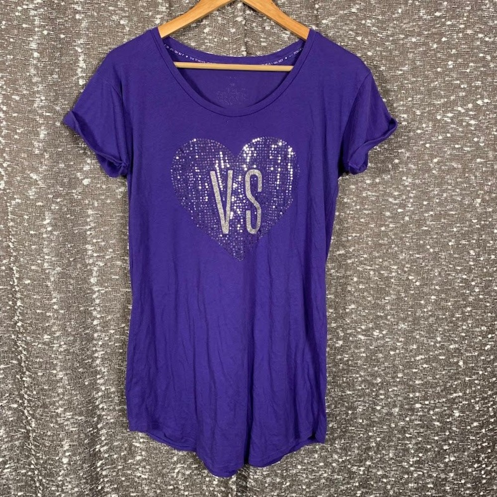 Victoria's Secret Purple Sequin Heart VS Logo Short Sleeve Sleep Shirt